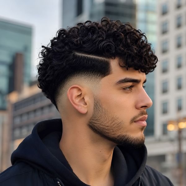 Curly Burst Fade Side Part