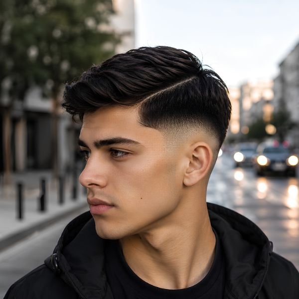 Messy Side Part Burst Fade