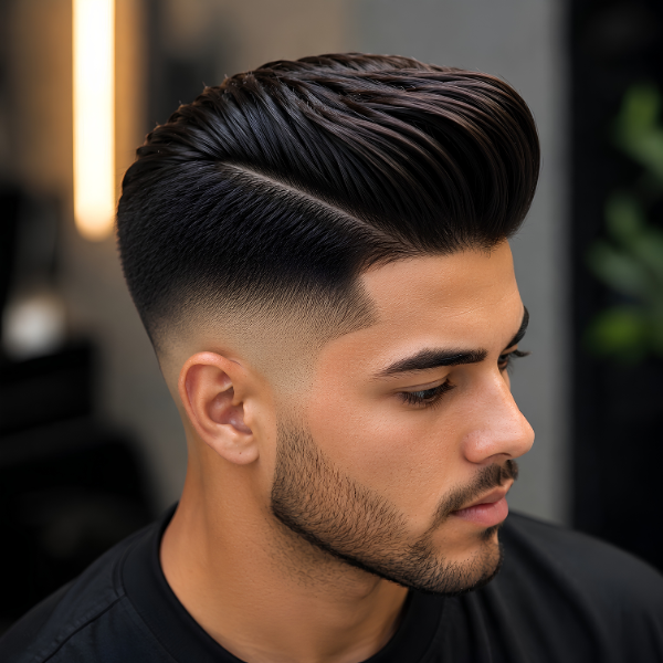 Pompadour Comb Over with Burst Fade
